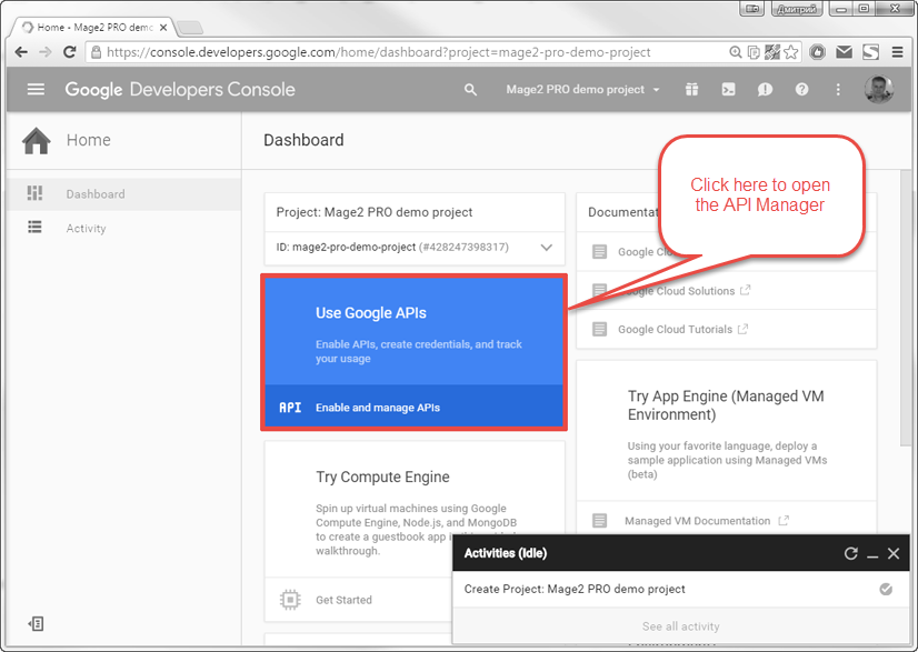 How to open the API Manager in the Google Developers Console - Magento 2