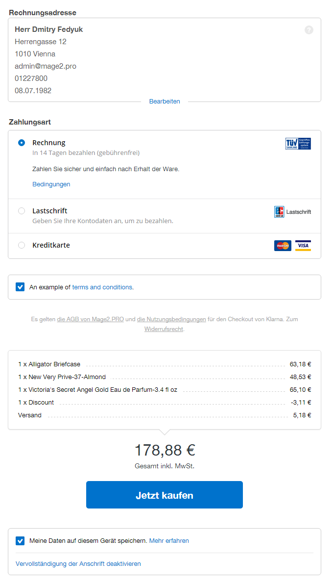[Klarna][Checkout v2] An example of the payment page for the Austria